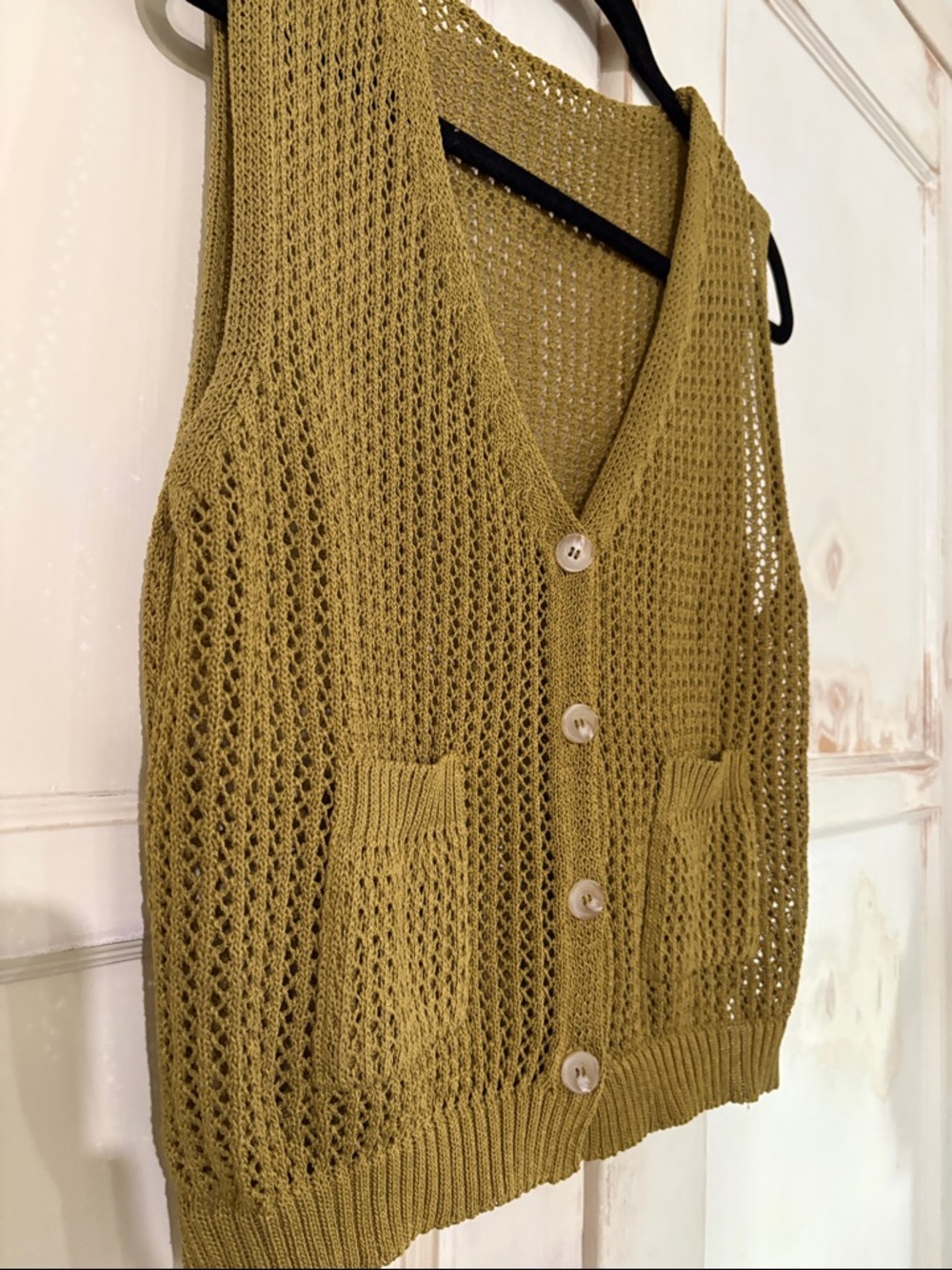 Open-Knit V-Neck Sleeveless Cardigan Vest - Olive - Picture 2 of 5
